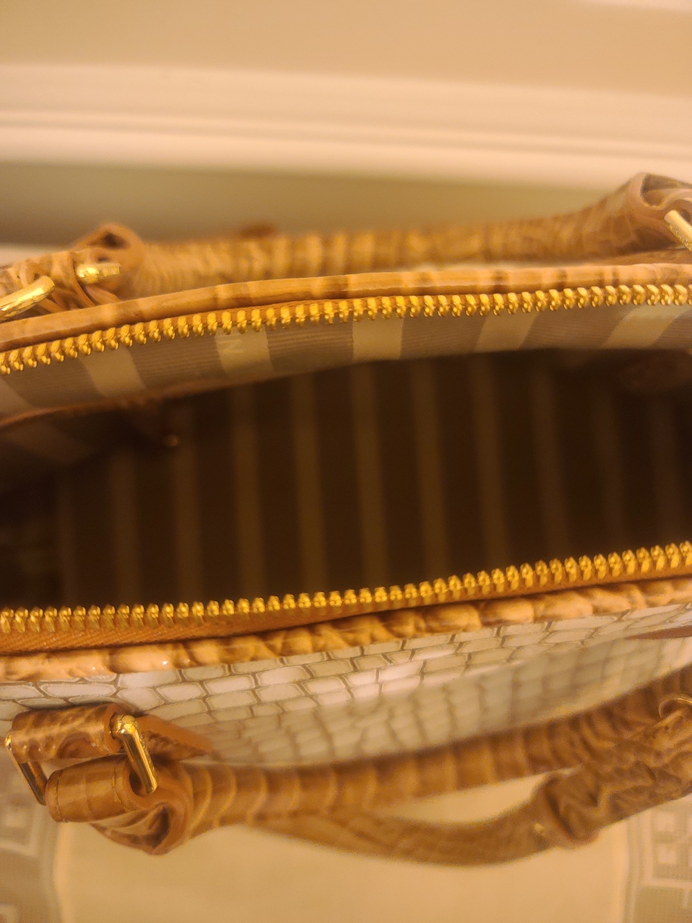 Brahmin Beige Croc-Embossed Shoulder Tote with Gold Hardware
